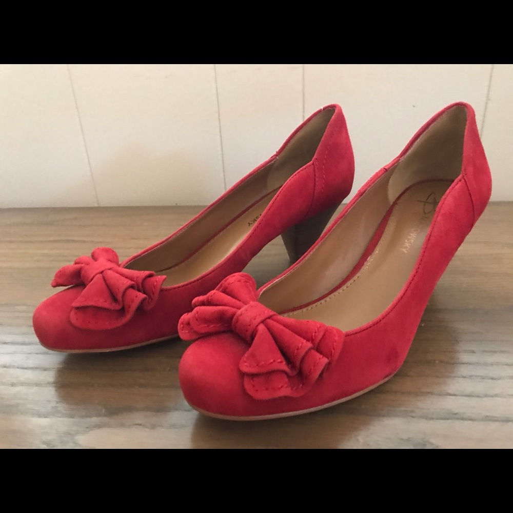 Red, suede with wood heel.